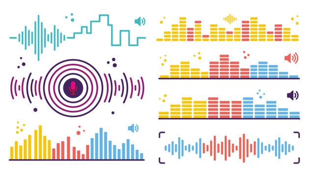 Digital Audio Waveform and Equalizer Frequency Icon Set with Microphone Voice Recognition Sound Volume Levels and Music Track Editing Interface Elements.