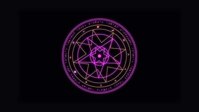 A seamless animated motion graphic featuring a mysterious rotating magic circle with glowing arcane symbols, mystical energy, and fantasy magical effects. Perfect for fantasy backgrounds.