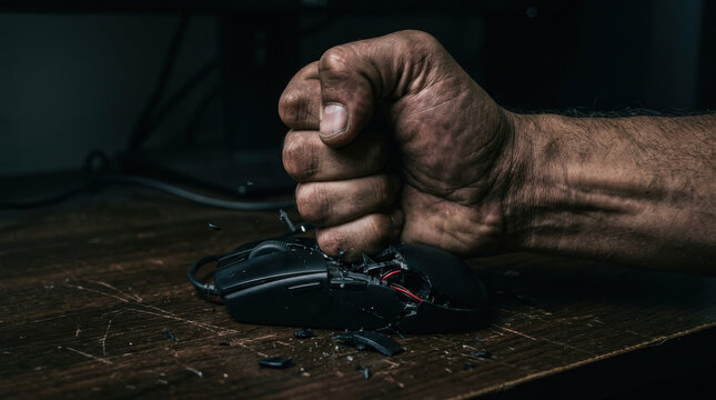 Frustrated workforce mental health impact shown by clenched fist smashing computer mouse on wooden desk in dark room