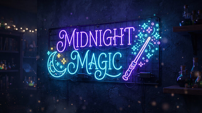 Midnight Magic neon sign on dark wall, glowing wizard wand and crescent moon neon light, mystical fantasy room decor isolated on White Background