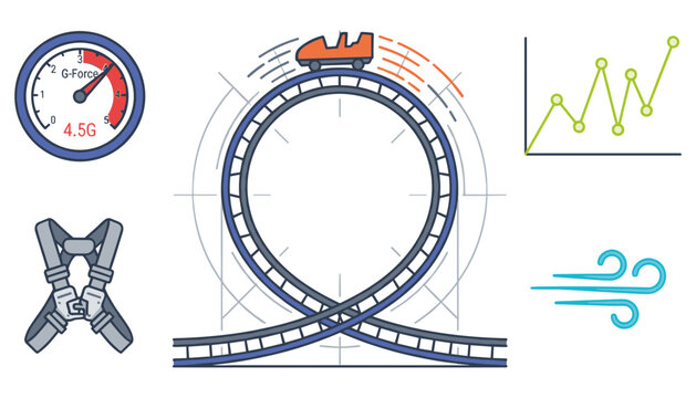 Roller Coaster Engineering and Physics Simulation Vector Illustration with Loop Track Cart G-Force Accelerometer Gauge Safety Harness Wind Resistance and Line Chart