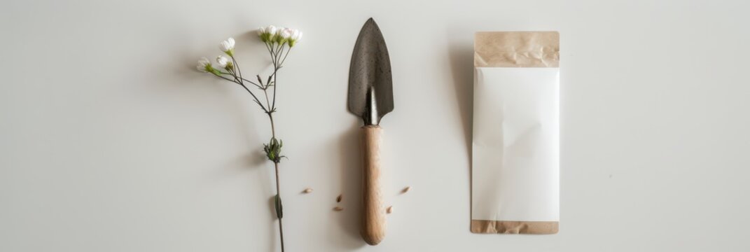 Minimal gardening flatlay with hand trowel seed envelope and single white flower for mother's day stationery mockup and banner layout. Copy space