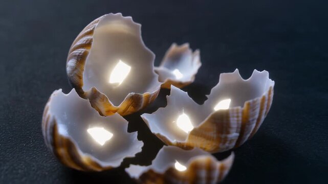 Close-up 3D animation of rotating seashells with golden highlights