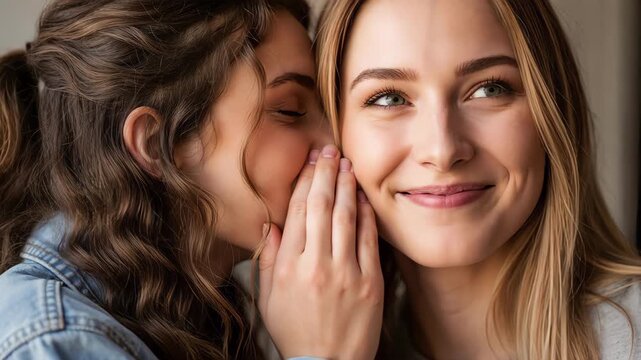 Young woman whispering a secret into her friend's ear. Two female friends sharing gossip and smiling playfully. Friendship and trust concept