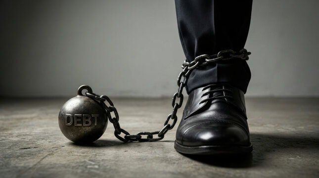 Debt ball chain shoe business economic recession finance burden struggle metal floor black leather man poverty problem concept weight heavy foot