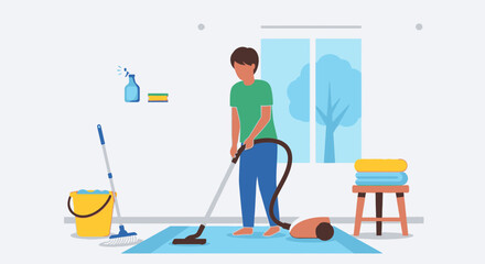 Fototapeta premium Energetic man diligently performing household chores, expertly vacuuming a rug to maintain a clean and tidy living space, showcasing a commitment to home cleanliness