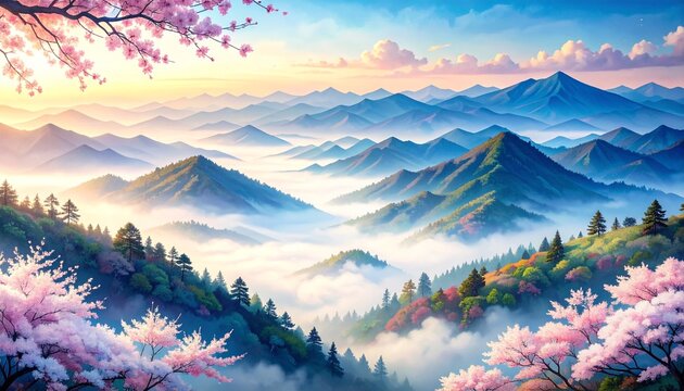 Stylized Aerial-Inspired Japanese Watercolor Landscape with Sweeping Layered Mountain Ridges