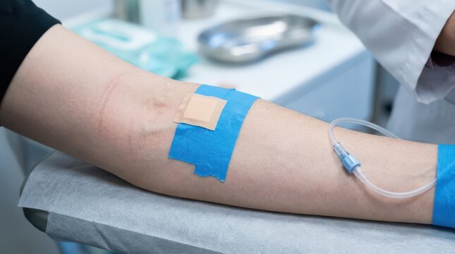 Arm with blue tape and iv line during blood donation for world blood donor day poster promoting donation and donor care