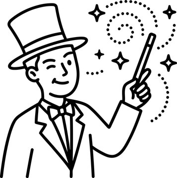 Magician in Top Hat Wielding Wand Creating Sparkles and Swirls - Illusionist Performance Concept