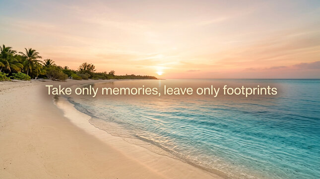 Tropical beach sunset with inspirational quote, serene ocean landscape with palm trees, take only memories leave only footprints text