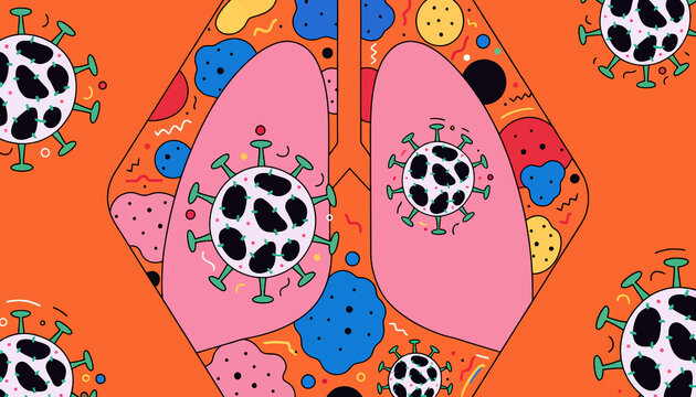 Abstract illustration of lungs affected by COVID-19 virus, vibrant colors, health concept