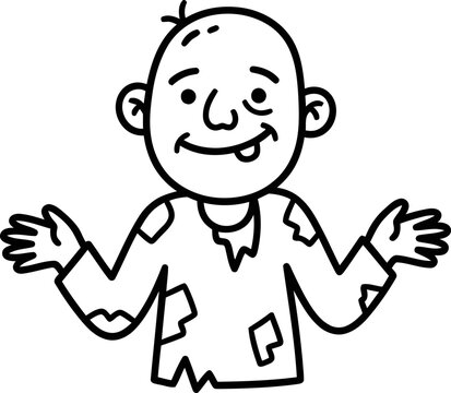 Cartoon illustration of a happy, scruffy, bald man with torn clothes and a missing tooth, shrugging with open arms.