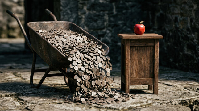 Wheelbarrow overflowing with coins beside wooden table holding apple symbolizes food security and economic crisis in rustic setting
