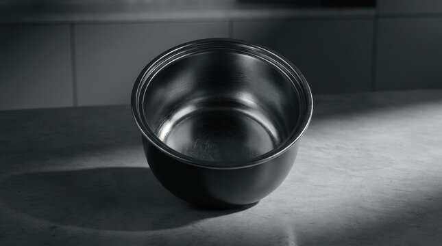 Empty metal bowl on kitchen counter symbolizes food security crisis and need for sustainable solutions in modern society
