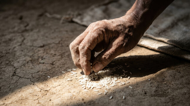 Hand carefully picks rice grains from dry cracked soil highlighting food security challenges during crisis in rural agricultural settings