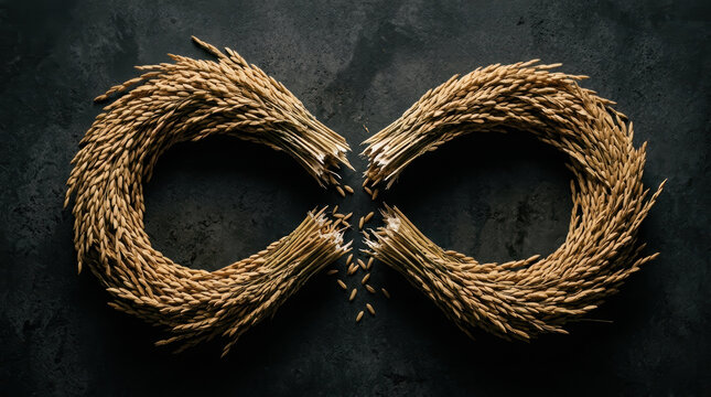 Rice grain bundles arranged in infinity shape on dark surface symbolizing food security and crisis awareness in agriculture and supply chain