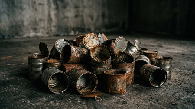 Rusty empty tin cans stacked on dark floor symbolize food insecurity and crisis, highlighting urgent need for improved food security solutions