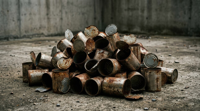 Rusty empty tin cans pile on rough ground in abandoned space symbolizing food crisis and security challenges in waste management