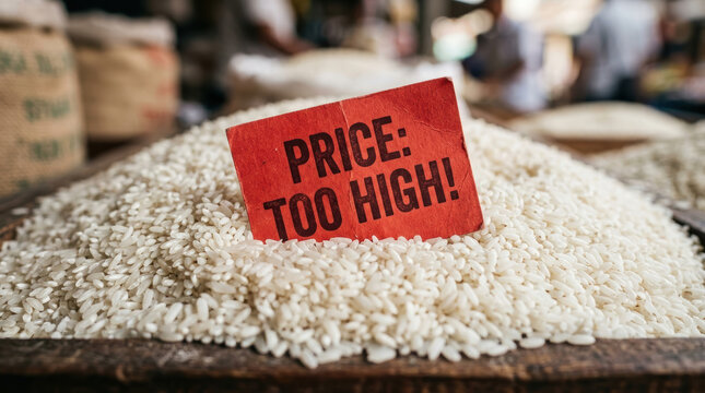 Food price crisis security concern with rice grains showing high cost impact on market and supply