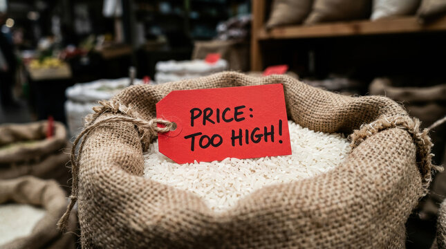 Rice bag with price tag showing too high price highlighting food security crisis affecting affordability and access to essential grains worldwide