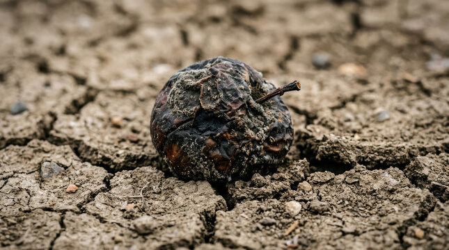 Dried cracked soil with rotten fruit highlights food security crisis caused by drought and environmental challenges affecting agriculture