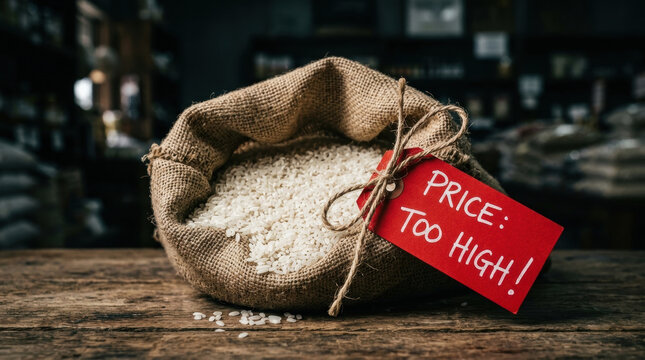 Rice food security crisis concept with sack of white grain and red tag showing price too high on wooden table in market