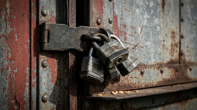 Rusty metal door with multiple padlocks securing it symbolizing security and protection during food crisis situation