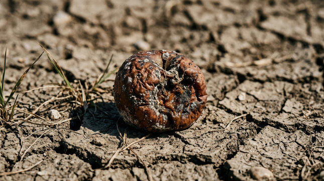 Rotten fruit on cracked dry soil highlights food security crisis caused by drought and environmental challenges affecting agriculture and harvest