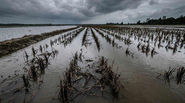 Flooded farm field shows impact of food security crisis with damaged crops under dark stormy clouds creating somber atmosphere