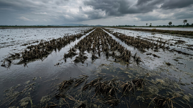 Flooded farm field with dead crops under cloudy sky showing food security crisis impact on agriculture