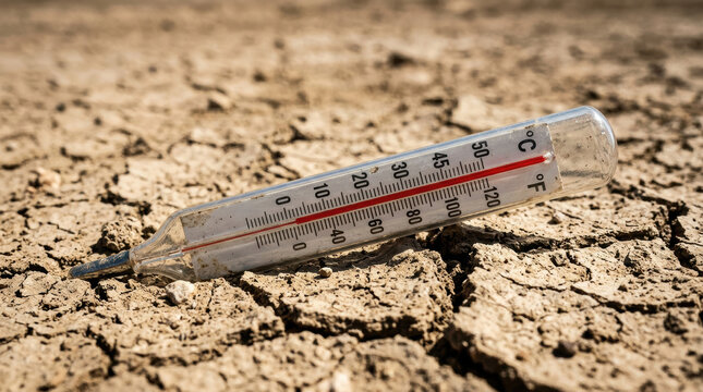 High temperature on cracked dry soil highlights food security crisis caused by extreme heat and drought affecting agriculture and water supply
