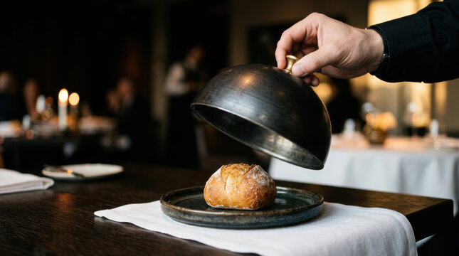 Fresh bread roll served on plate with metal cloche lifted by hand in dimly lit restaurant highlighting food security during crisis times