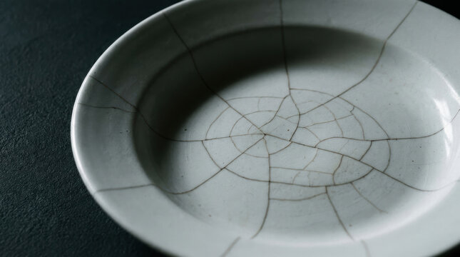 Cracked ceramic plate on dark surface symbolizing food insecurity and crisis affecting access to meals and security worldwide