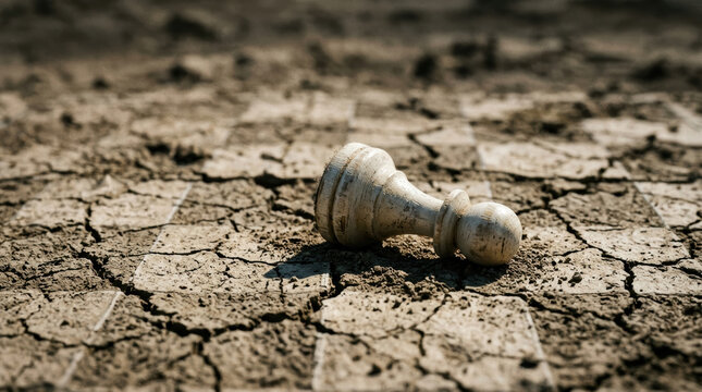 Fallen chess pawn lies on cracked dry earth symbolizing crisis and insecurity like food shortage in harsh conditions