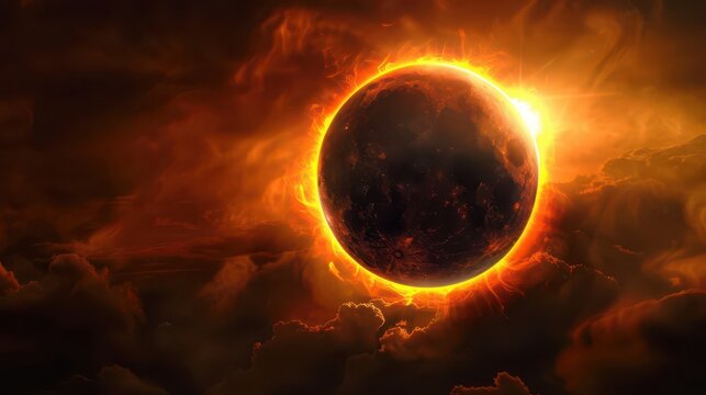 Intense solar eclipse with blazing orange corona for dramatic sky wallpaper and poster background design