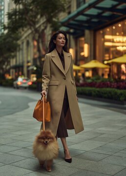 Young woman walking on a city street with her small dog. she is wearing a long beige coat and carrying a large orange handbag.