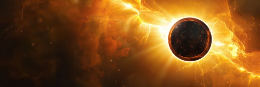 Solar eclipse with fiery ring and glowing corona in dramatic orange and black sky for banner background and widescreen wallpaper design