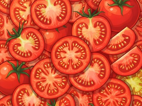 Fresh tomato pattern background with sliced halves and wedges