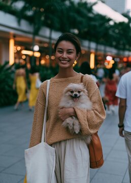 Young woman standing on a sidewalk with a small dog in her arms. she is wearing a beige sweater and white pants, and has a white tote bag slung over her shoulder.