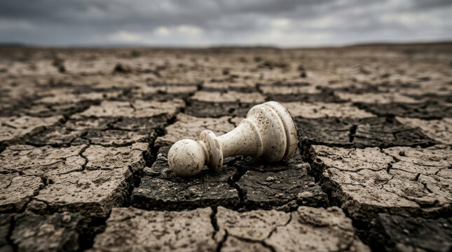 Chess pawn dry soil drought cracked earth arid land barren ground dry landscape environmental crisis food security dry season drought effect soil