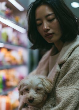 Young woman holding a small white dog in her arms. the woman is wearing a beige robe and has shoulder-length dark hair. she is looking down at the dog with a peaceful expression on her face.