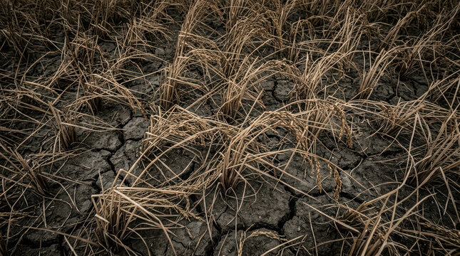 Dried rice plants cracked soil highlight food security crisis caused by drought and environmental challenges affecting crop production