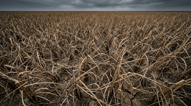 Dried crop field with cracked soil under dark sky showing food security crisis in agriculture due to drought and environmental challenges