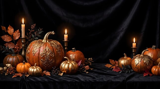 Elegant and luxurious autumn scene featuring metallic gold carved pumpkins, dark velvet backdrop, and burning candles.