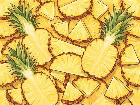 Tropical pineapple slices and whole fruit pattern background, vector illustration