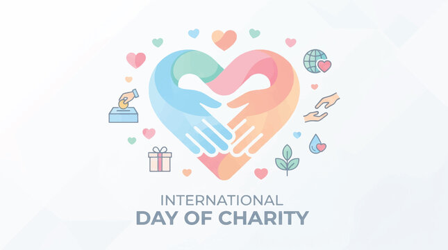 International Day of Charity background design with helping hands forming a heart shape. Colorful flat vector illustration suitable for NGO events, social media posts, flyers, banners