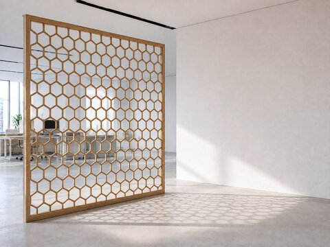 Modern Wooden Kumiko Lattice Partition Panel with Kikkou Hexagonal Pattern in a Bright Office Space, Office Design and Architecture Background with Copy Space