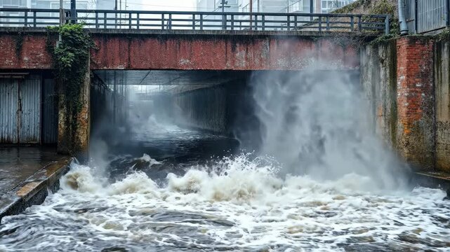 Powerful water gushes from a concrete culvert under a bridge, creating a dynamic splash.