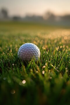 Closeup golf ball on dewy grass at sunrise for international golf day background and sports banner design