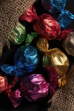 Colorful foil wrapped candies spilling from a burlap sack for halloween candy background and banner use
